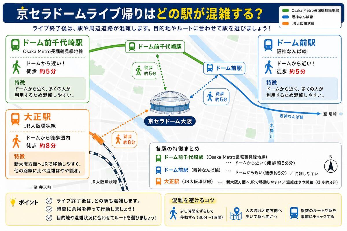 京セラドーム大阪からドーム前千代崎駅・ドーム前駅・大正駅までの徒歩時間と位置関係